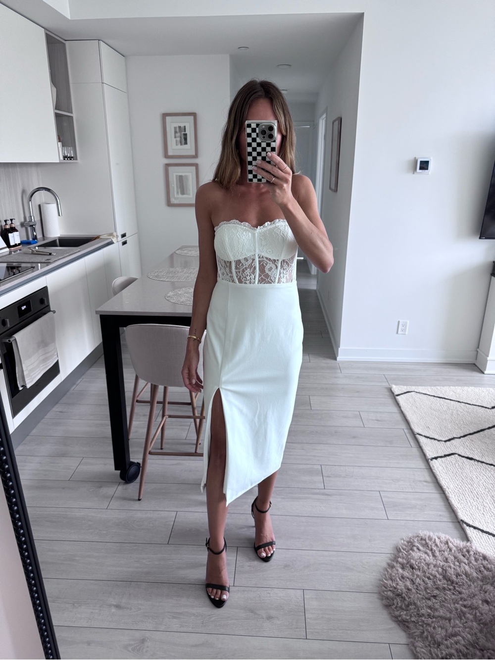 Lulus Strapless Lace Bustier White Midi Dress